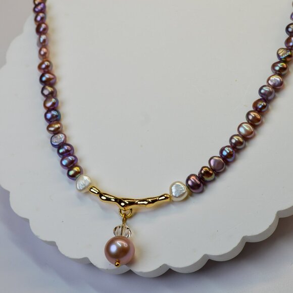 Natural Metallic Purple Pearl Necklace 18" Gold Plated Sterling Silver - Picture 2 of 10